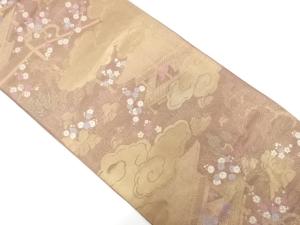 野々村織物製　屋敷風景に雲・草花模様織り出し　袋帯